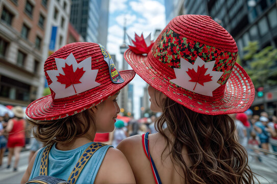 mother and daughter in hats with the symbol of the flag of Canada celebrate Canada Day - Powered by Adobe