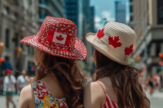 mother and daughter in hats with the symbol of the flag of Canada celebrate Canada Day