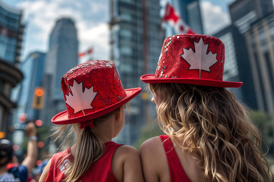 mother and daughter in hats with the symbol of the flag of Canada celebrate Canada Day