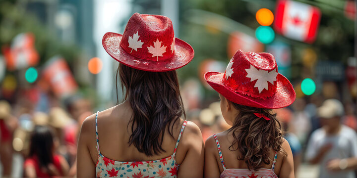mother and daughter in hats with the symbol of the flag of Canada celebrate Canada Day