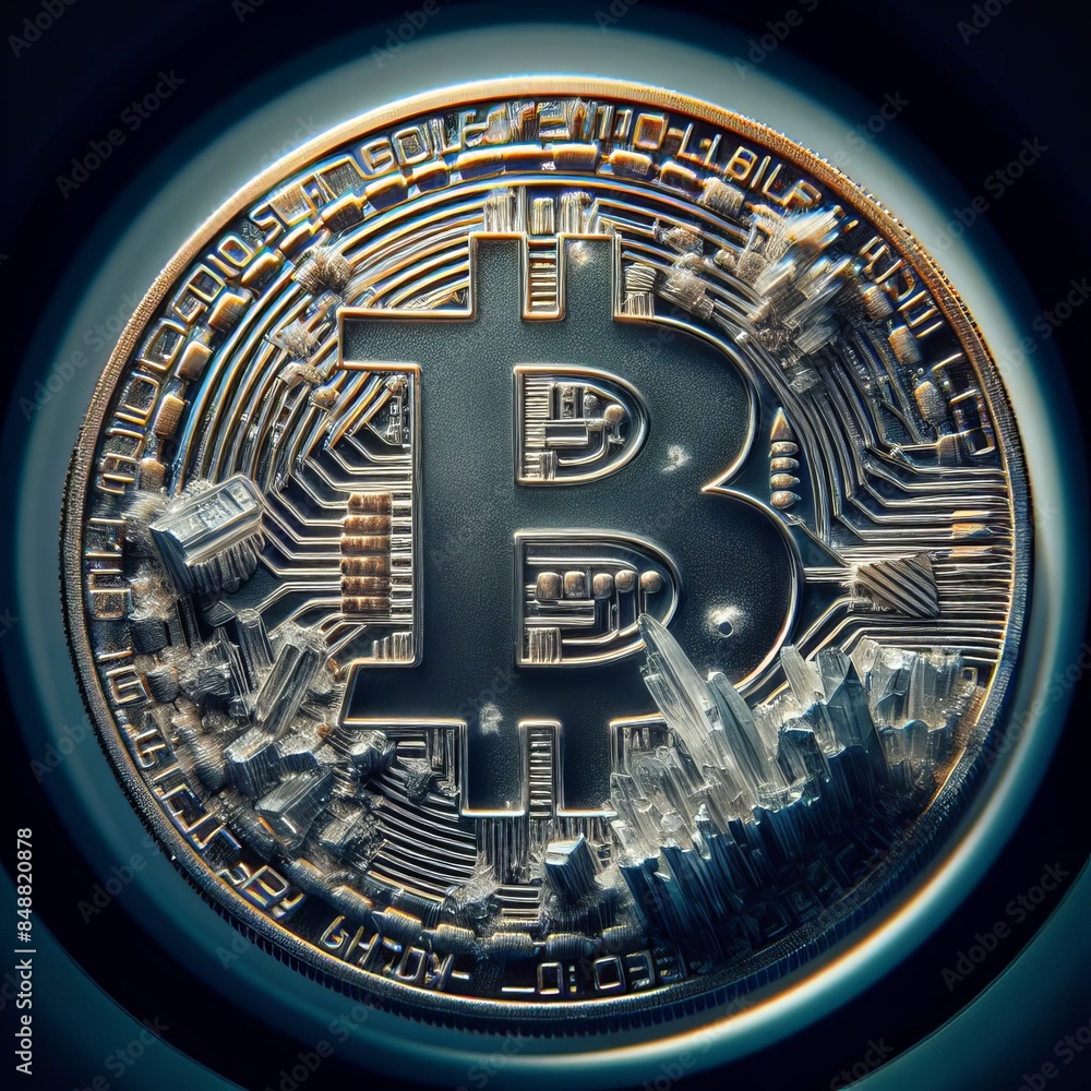 Poster a close-up of a bitcoin coin embedded with crystals, representing the blend of digital currency and 