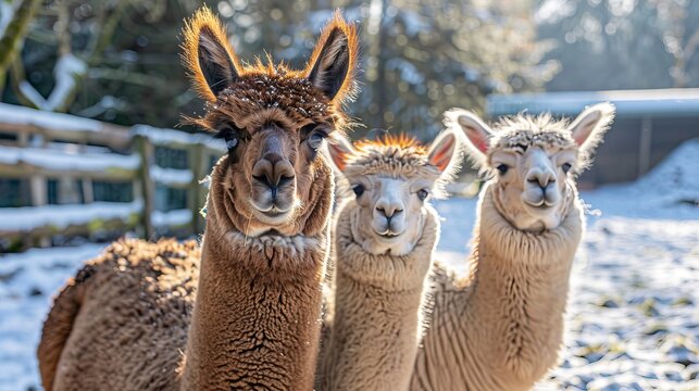 Winter fun with alpacas on the farm, Zabawa zimą z alpakami na farmie, alpaki