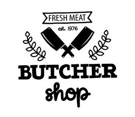Butcher shop logo emblem. Meat shop typography icon. Butchery store vector design element. Vector illustration with meat knife. Butcher logo template. Fresh meat shop. Vintage kitchen logo.