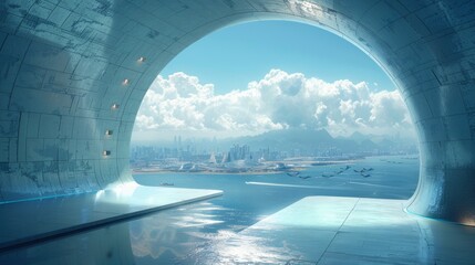 Fototapeta premium high way with a wide futuristic road going through a tunnel, A sense of speed, View from a tunnel, futuristic city skyline, calm blue sky, motion blur