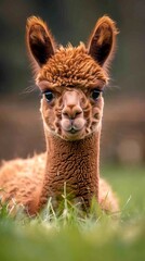 Obraz premium young brown alpaca on green grass, młoda brązowa alpaka na zielnoej trawie, alpaki