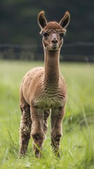 Fototapeta premium young brown alpaca on green grass, młoda brązowa alpaka na zielnoej trawie, alpaki
