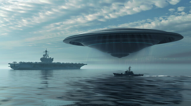 Un navire militaire s'approchant d'un immense vaisseau spatial circulaire en suspension au-dessus de la mer non loin d'un porte-avion visible en arri&egrave;re-plan.