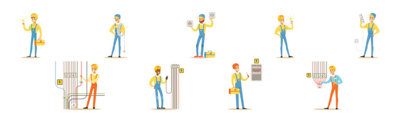 Man Electrician In Uniform and Hard Hat Working with Electric Cables and Wires Vector Set