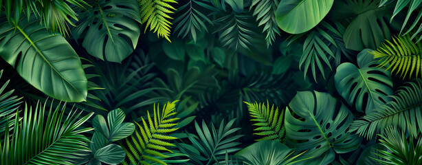 Abstract nature concept, green tropical leaves and ferns texture background. Flat lay, top view of lush foliage pattern for banner or wallpaper. In the style of nature.



