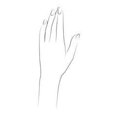 Woman's lineart hand gesture. Linear female palm, thin lines for jewellery paper