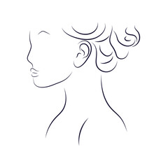 Line art women profile portrait with hair style with black thin lines. Linear elegant women face