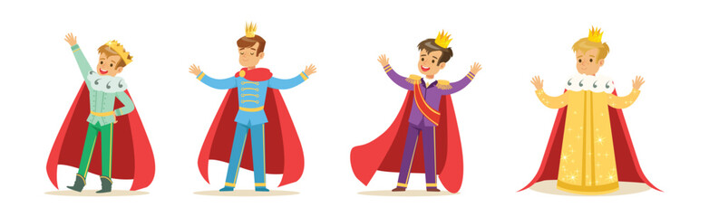 Little Boy In Prince Costume with Golden Crown Vector Set