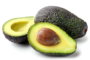 Fresh organic avocado halves isolated on white background.