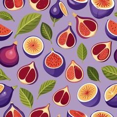 Seamless pattern of flat design figs with cross-sections and whole fruits, Generative AI