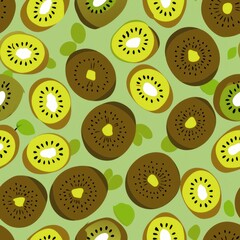 Fototapeta premium Seamless pattern of flat design kiwis with cross-sections, Generative AI