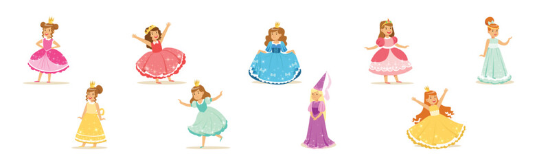 Cute Girl Princess Character in Pretty Dress with Golden Crown on Head Vector Set