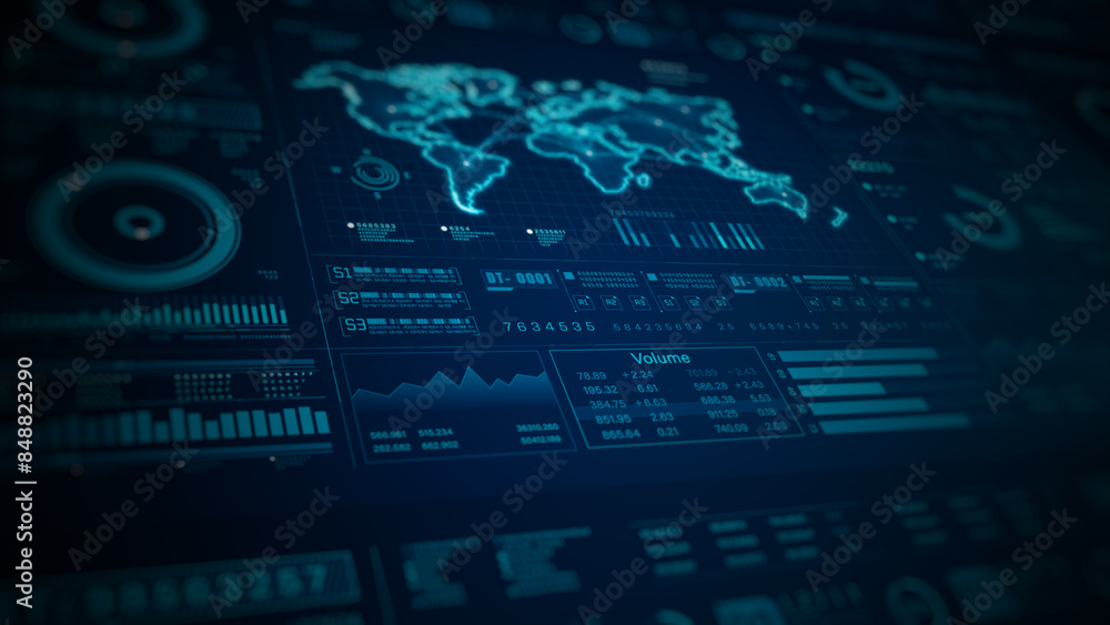 Poster hud infographic business and financial investment, futuristic data dashboard with global map, charts