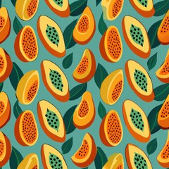 Seamless pattern of flat design papayas with seeds and without, Generative AI