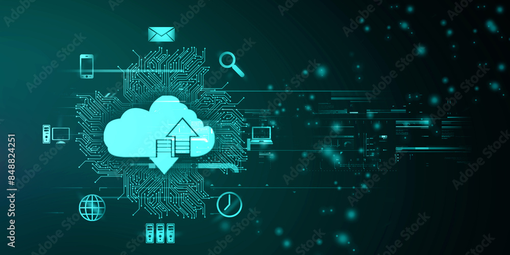Poster 2d illustration uploading downloading arrow with cloud