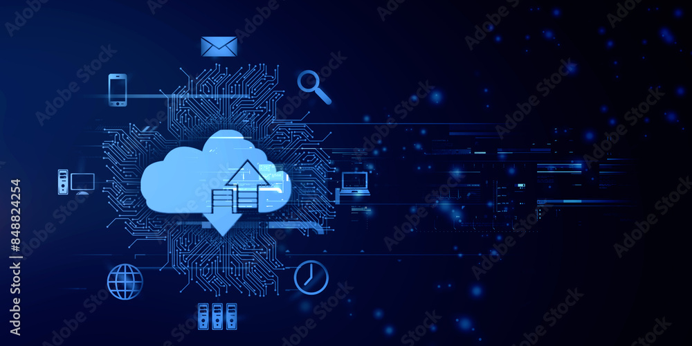Poster 2d illustration uploading downloading arrow with cloud