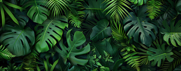 Abstract nature concept, green tropical leaves and ferns texture background. Flat lay, top view of lush foliage pattern for banner or wallpaper. In the style of nature.


