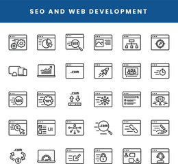 SEO and web development icon set in outline style
