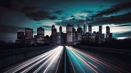 Fototapeta premium An illustration of motion speed light traffic on a nighttime in a modern mega city