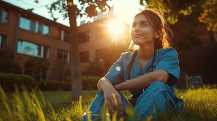 Close-Up of a Physician Assistant Taking a Break in a Peaceful Hospital Garden, Highlighting Work and Relaxation Balance