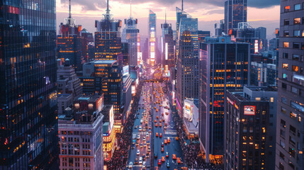 Fototapeta premium The bustling cityscape at dusk, towering skyscrapers illuminated by the warm glow of street lamps and neon lights. The busy streets were full of cars and bustling crowds. Generative AI.