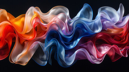 Obraz premium A dynamic flow of colorful ribbons, rendered in a 3D style, twisting and interweaving against a deep black background.