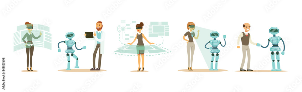Aufkleber man and woman character use smart interactive technology vector set