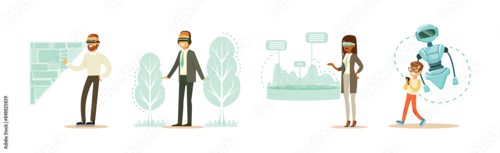 Aufkleber man and woman character use smart interactive technology vector set