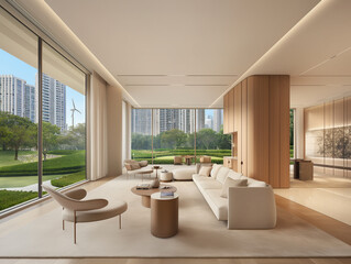 Fototapeta premium A glimpse of the future city with green roofs and wind turbines peeks through the window, emphasizing the harmonious blend of modern design and environmental awareness.