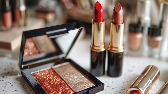 Close up of two lipsticks and two eyeshadows on a white surface