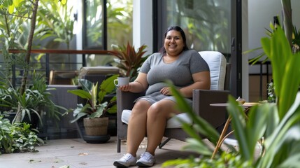 An overweight Indian woman sitting in an armchair with a coffee mug relaxing and smiling at the camera