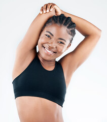 Black girl, portrait and stretching arms in studio, warm up and prepare for workout on white background. Female person, flexibility and ready for training or exercise, athlete and relief to muscle