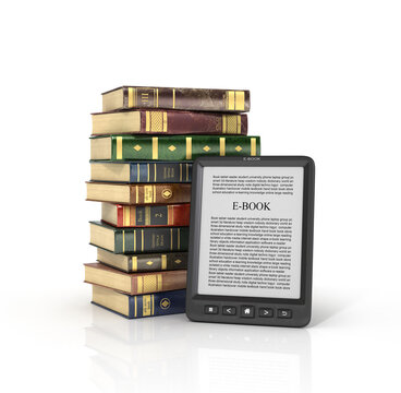 E-book reader with stack of the book on a white background.