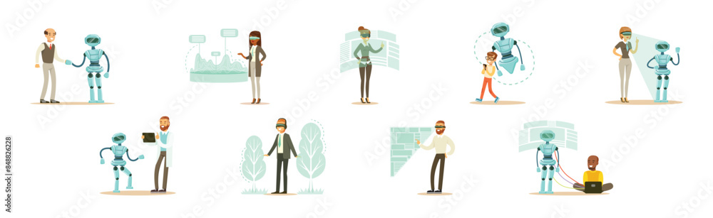 Poster man and woman character use smart interactive technology vector set