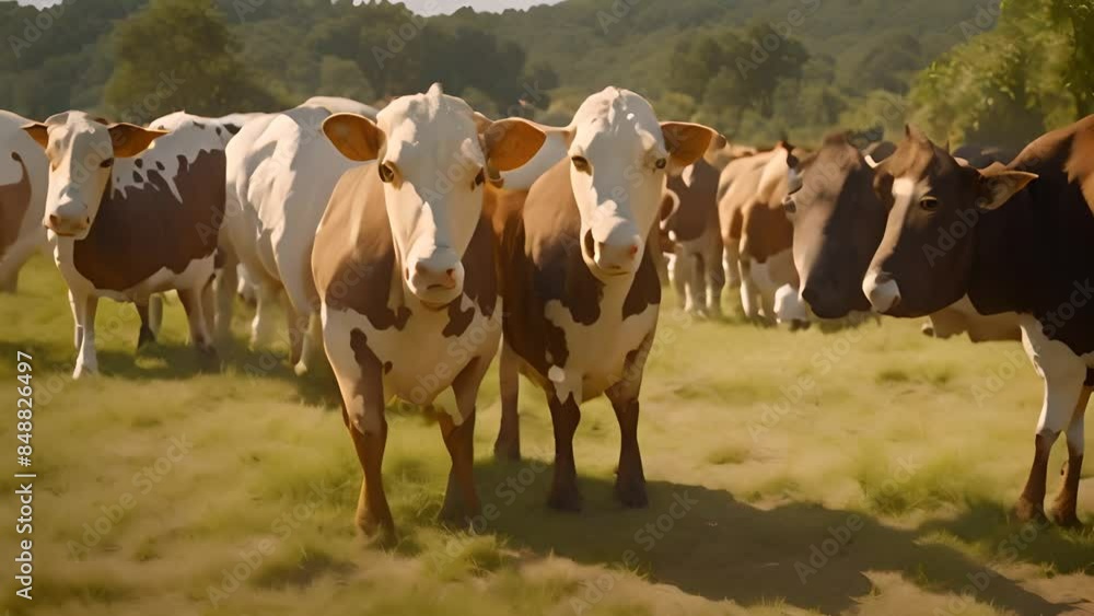 Poster cows grazing in a field generative ai