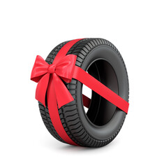 Rubber car tire with red ribbon and bow.