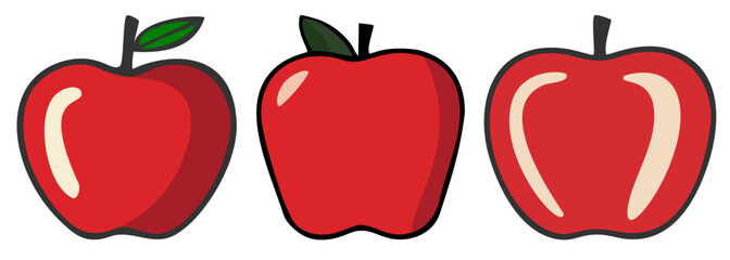 Three types of red apples with highlights and shadows on the surface. Two apples have green leaf and stalk. Fruit vector illustration
