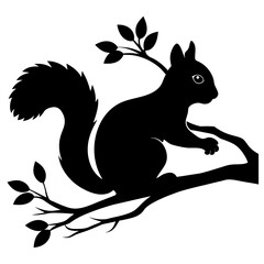 Squirrel on a Tree Branch vector black silhouette on white background.