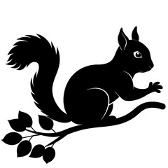 Squirrel on a Tree Branch vector black silhouette on white background.
