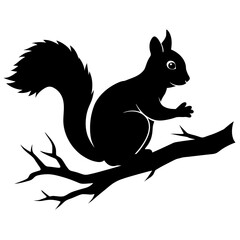 Squirrel on a Tree Branch vector black silhouette on white background.