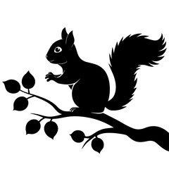 Squirrel on a Tree Branch vector black silhouette on white background.