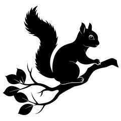 Squirrel on a Tree Branch vector black silhouette on white background.