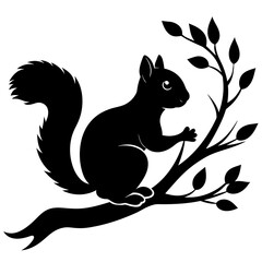 Squirrel on a Tree Branch vector black silhouette on white background.