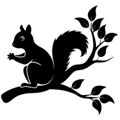 Squirrel on a Tree Branch vector black silhouette on white background.