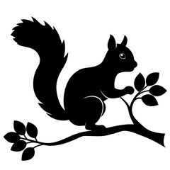 Squirrel on a Tree Branch vector black silhouette on white background.