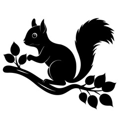 Squirrel on a Tree Branch vector black silhouette on white background.